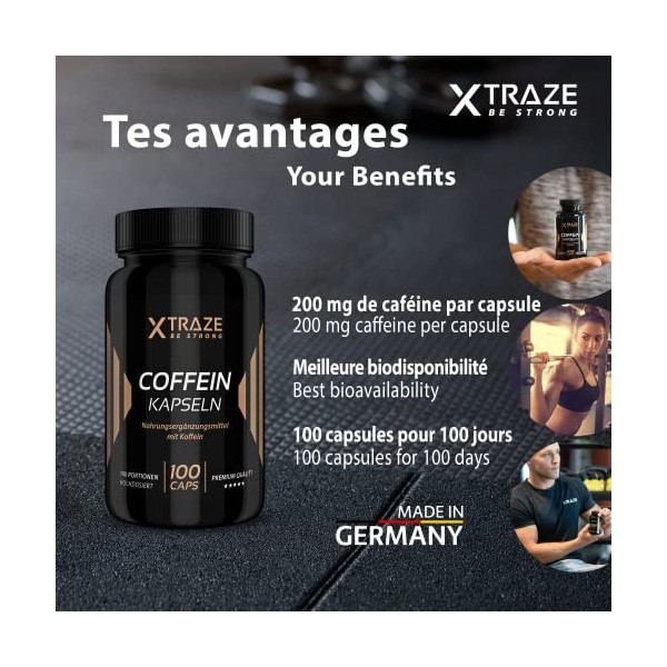 XTRAZE® Caféine Comprimés 200mg à Forte Dose - 100 Gelules pour 100 Jours de Soins Continus - Qualité Allemande, Naturel Anhy