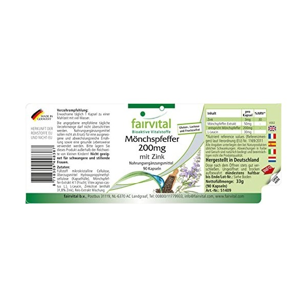 Fairvital | Extrait de Gattilier 200mg - Vitex Agnus Castus + Zinc - Fortement dosé - VEGAN - 90 gélules - Ménopause