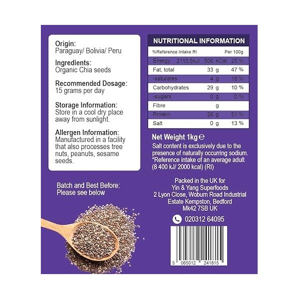 Graines de chia biologiques 1 kg, par Yin & Yang Superfoods, 100 % naturelles, végétaliennes, riches en protéines et fibres, 