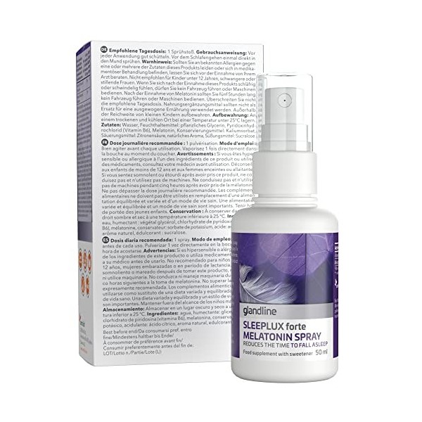 Sensilab SleepLux Forte Mélatonine Spray 50 ml | 1 mg de mélatonine pour un meilleur sommeil avec de la vitamine B6 | 445 p
