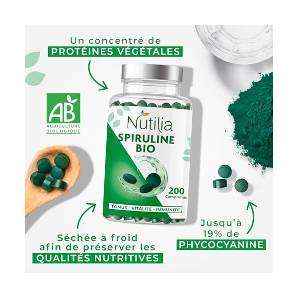 Spiruline BIO - Riche en protéine - Favorise la Vitalité - Réduit la Fatigue - Renforce l’Immunité - Jusqu’ à 19% de Phycocya