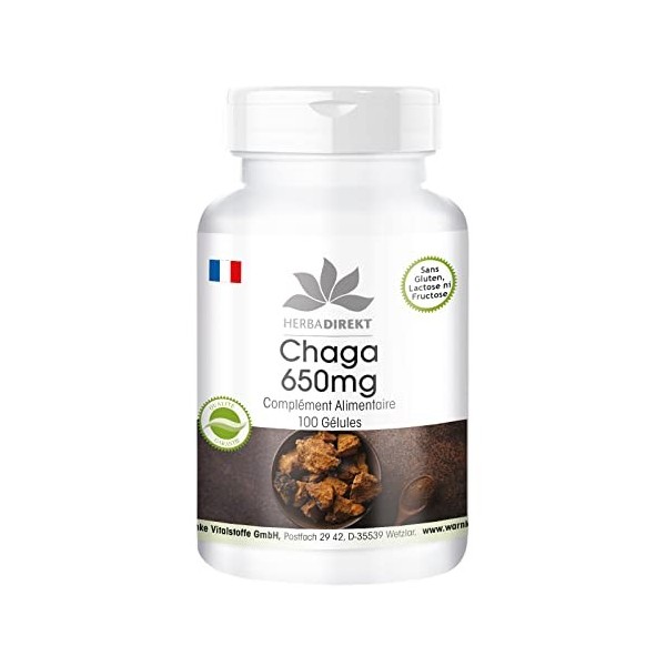 Chaga 650 mg - 100 gélules de poudre de champignons vitaux - Chaga ardoisé - hautement dosé - végétalien | Herba Direkt