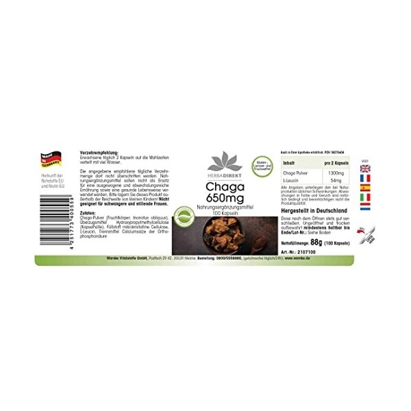 Chaga 650 mg - 100 gélules de poudre de champignons vitaux - Chaga ardoisé - hautement dosé - végétalien | Herba Direkt