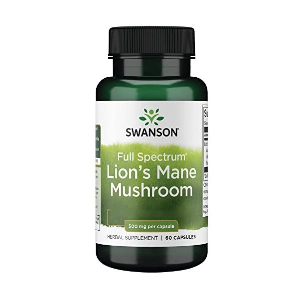 Swanson, Full Spectrum Lions Mane Mushroom Champignon Hericium Erinaceus , 500mg, 60 Capsules, Testé en Laboratoire, Sans S