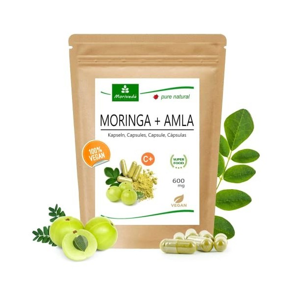 MoriVeda® Moringa + Amla Capsules 120 pcs. I Moringa hautement dosé - bombe vitaminée pour le système immunitaire et la diges