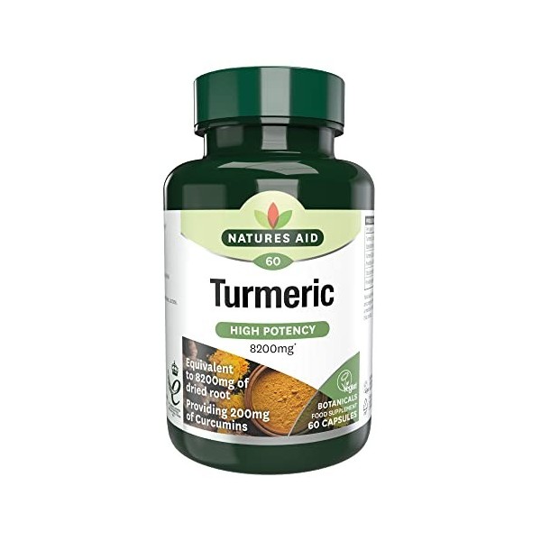 Natures Aid Curcuma 8200 mg de, extrait à haute efficacité et plante entière, 200 mg de curcumine, convient aux végétaliens, 