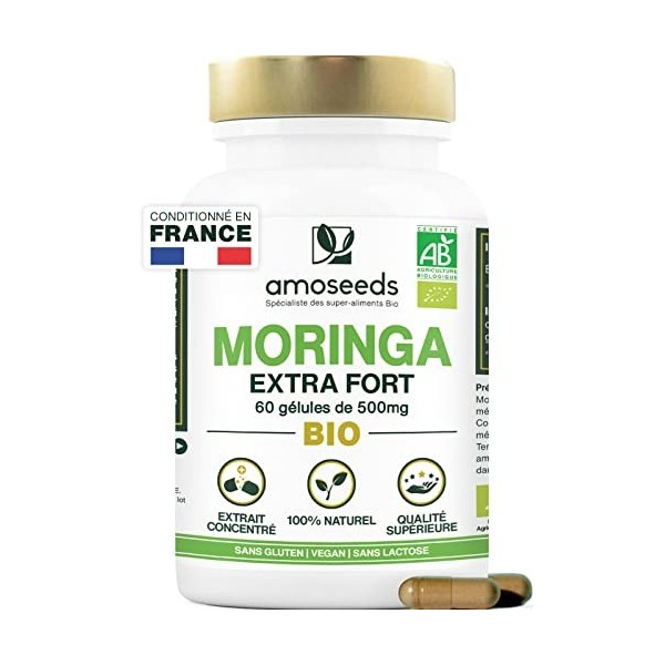 Moringa Bio Haute Concentration | 60 gélules de 500mg | Anti-fatigue, Immunité, Belle Peau, Détox | Qualité Supérieure