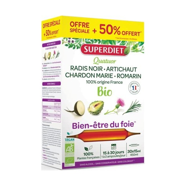 Superdiet Quatuor Chardon Marie Digestion Bio 20 Ampoules + 10 Offertes