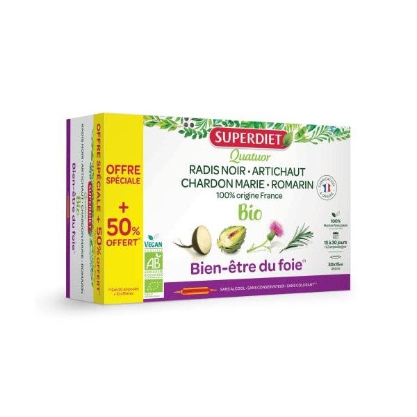 Superdiet Quatuor Chardon Marie Digestion Bio 20 Ampoules + 10 Offertes