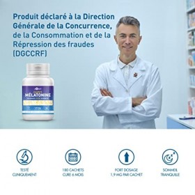 Melatonine 1,9 mg Fort [Facile à Avaler] Mélatonine Hautement Biodisponible pour Sommeil Adulte avec Adénosine Glycine - Cach