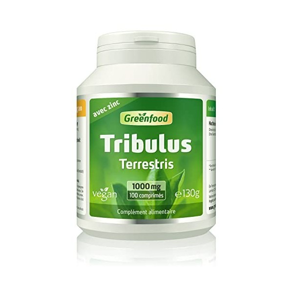 Greenfood Tribulus, 1000 mg, extrait à dose élevée, 100 comprimés. Sans additifs artificiels. Sans génie génétique. Vegan.