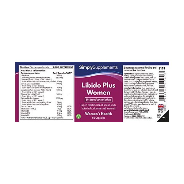 Libido Plus - 60 Gélules - Adapté aux Végétariens - jusquà 1 mois de Bienfaits - SimplySupplements