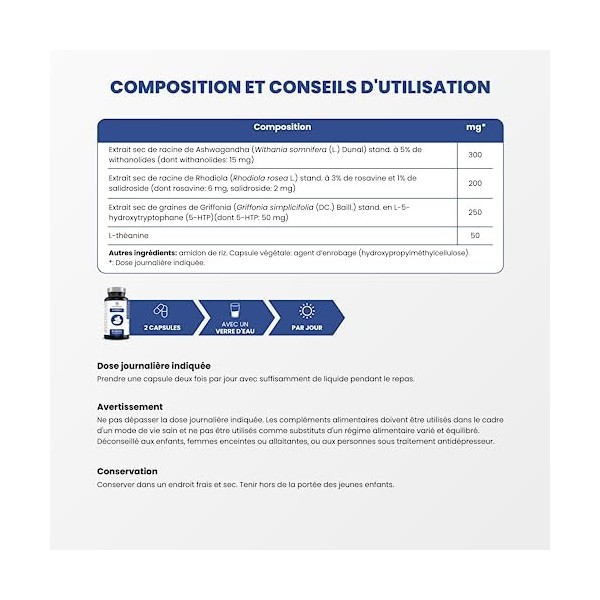 Ashwagandha Rhodiola Griffonia L-Théanine – Complexe Adaptogène – Gestion du stress, anxiété, angoisse et de la fatigue menta