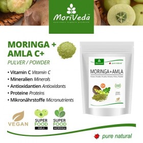 MoriVeda® - Moringa + Amla en poudre - Moringa Oleifera poudre de feuilles premium et Amla Amalaki poudre de fruits, végéta