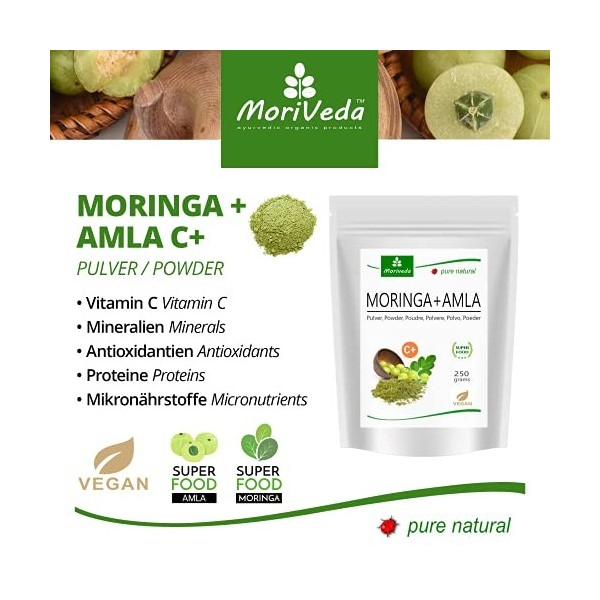 MoriVeda® - Moringa + Amla en poudre - Moringa Oleifera poudre de feuilles premium et Amla Amalaki poudre de fruits, végéta