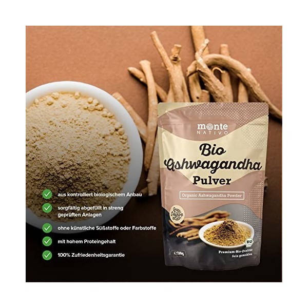 Poudre dashwagandha bio de Monte Nativo - 700 g - Poudre de racine moulue - Ginseng indien - Cerise dhiver - Withania somni