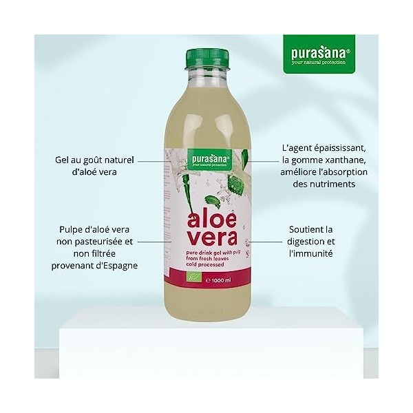 Aloe Vera a Boire Gel Bio Pur à 99,3%, Jus Aloe Biologique. Gel extrait de la feuille. Pulpe crue. Non pasteurisé, sans eau a