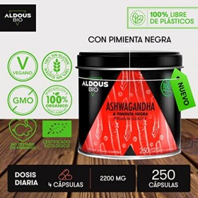Capsules dAshwagandha Bio 2160mg | 250 Capsules Végétales | Racine dAshwagandha avec Poivre Noir | Sans Additifs | Withania