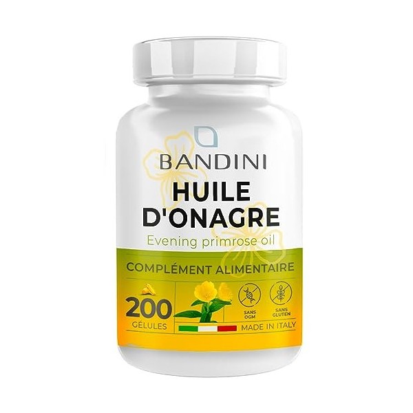 Bandini® Huile dOnagre 200 Capsules 2000mg Pressée à froid - 10% Gla + Vitamine E - Antioxydant et Anti-Inflammatoire pour