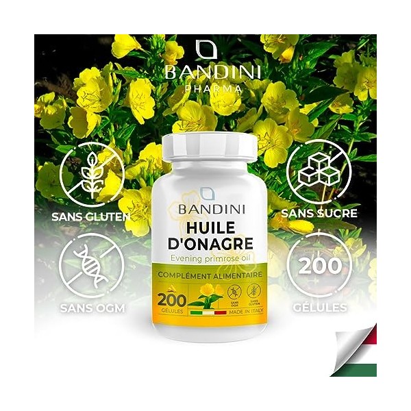 Bandini® Huile dOnagre 200 Capsules 2000mg Pressée à froid - 10% Gla + Vitamine E - Antioxydant et Anti-Inflammatoire pour