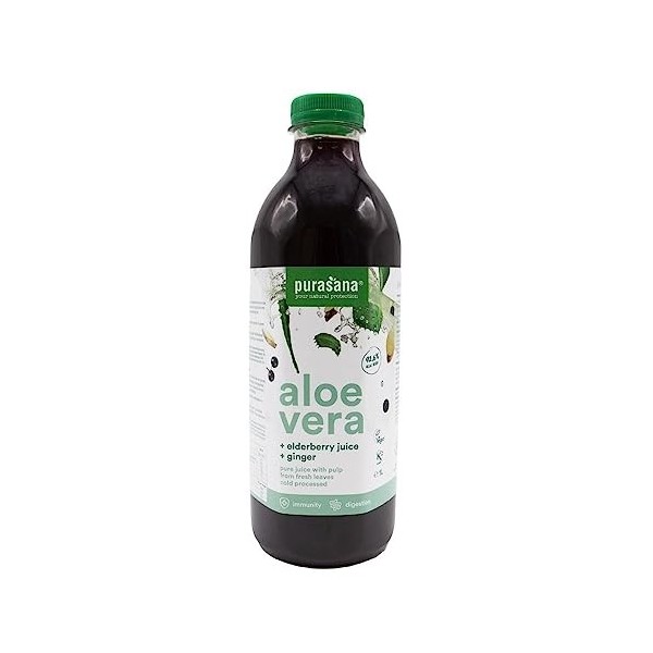 Jus dAloe Vera au Sureau et au Gingembre. Gel Aloe Vera Bio a Boire Pur ou Dilué Sans Pulpe. Non Traité Chimiquement. 1 litr