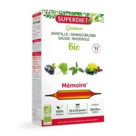 SUPERDIET - QUATUOR MÉMOIRE BIO - Ginkgo Biloba, Sauge, Myrtille, Rhodiola -Fabrication française - 20 ampoules de 15ml