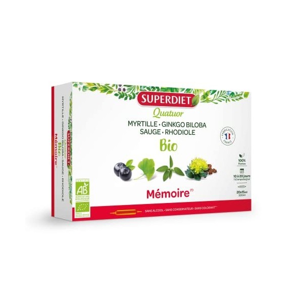 SUPERDIET - QUATUOR MÉMOIRE BIO - Ginkgo Biloba, Sauge, Myrtille, Rhodiola -Fabrication française - 20 ampoules de 15ml