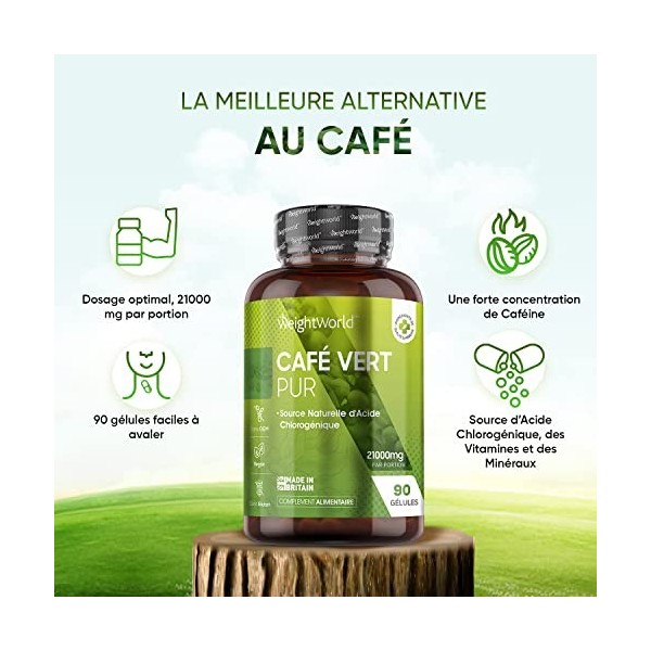 Café Vert Pur Extra Fort - 21 000 mg/Jour - 90 Gélules Vegan 1 Mois de Caféine Pure - Source dAcide Chlorogénique, Vitamin