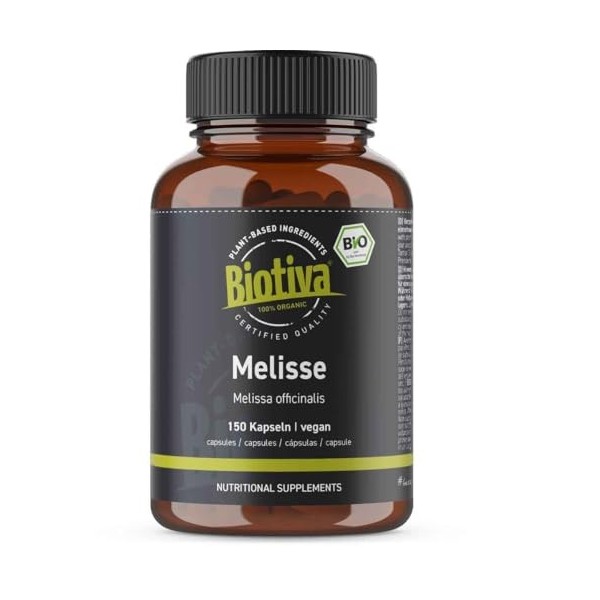 Mélisse bio 150 Gélules | Melissa officinalis | 450mg | Sans additifs | Conditionné et contrôlé en Allemagne | Biotiva