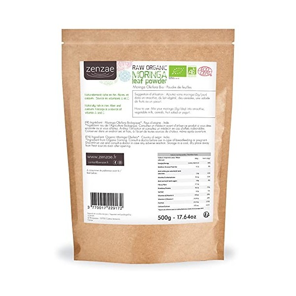 Moringa Bio Zenzae - Poudre de feuilles de Moringa Oleifera 500g | Certifiée biologique | Raw Organic Moringa leaf powder | R