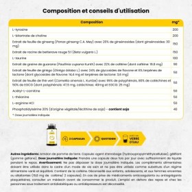 Nootropique Énergisant - Ginseng, Ginkgo, Choline, Tyrosine, Taurine, Thé Vert, Guarana, Betterave, Carnitine, Théanine, Argi