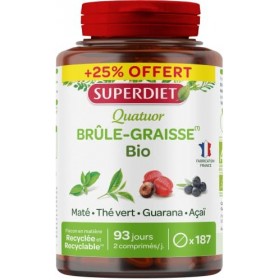 SUPERDIET - QUATUOR BRÛLE-GRAISSE BIO- Maté, Guarana, Thé vert, Acaï - Fabrication Française - Format économique - 187 Compri