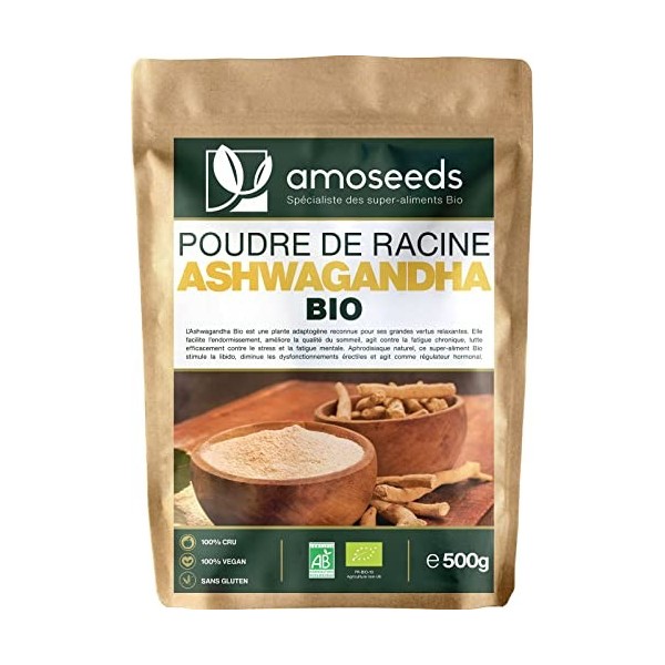 Ashwagandha en Poudre Bio 500G | Ginseng Indien | Stress, Sommeil, Adaptogène | Poudre de Racine 100% Pure dAshwagandha Wit