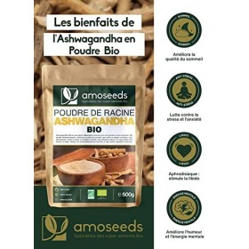 Ashwagandha en Poudre Bio 500G | Ginseng Indien | Stress, Sommeil, Adaptogène | Poudre de Racine 100% Pure dAshwagandha Wit