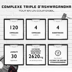 Ashwagandha Triple - Complexe ultra-dosé avec 2620 mg par gélule - Extrait de racine dashwagandha Shoden® 35% withanolide 