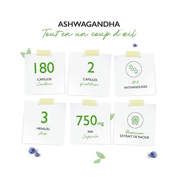 Ashwagandha - 180 gélules avec 750 mg dextrait pur - Premium : 10% withanolides - Haute pureté - Végétalien - Extra Haute Do