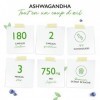 Ashwagandha - 180 gélules avec 750 mg dextrait pur - Premium : 10% withanolides - Haute pureté - Végétalien - Extra Haute Do