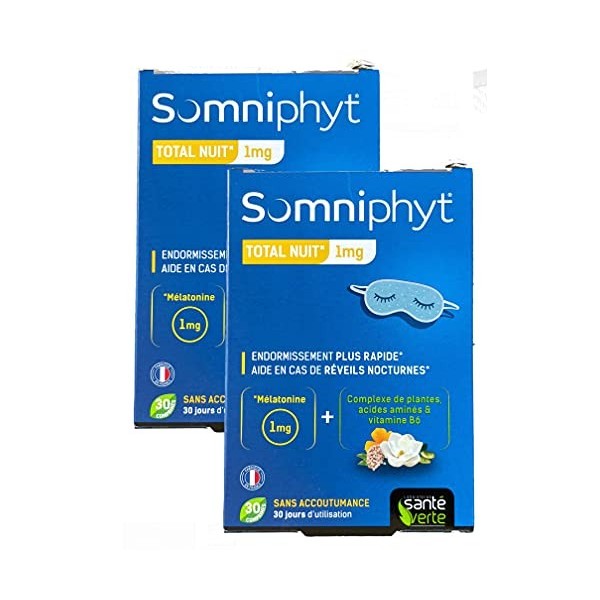 SANTE VERTE Somniphyt Mélatonine 1 mg Nouvelle Formule pilules - Lot de 2 x 30 comprimés