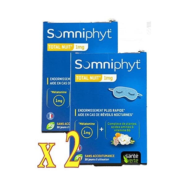 SANTE VERTE Somniphyt Mélatonine 1 mg Nouvelle Formule pilules - Lot de 2 x 30 comprimés