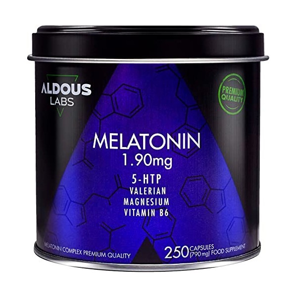 250 Capsules de Mélatonine 1,9 mg - 250 Nuits +8 mois | Avec 5HTP, Magnésium, Valériane, Vitamine B6 | Comprimés pour bien 