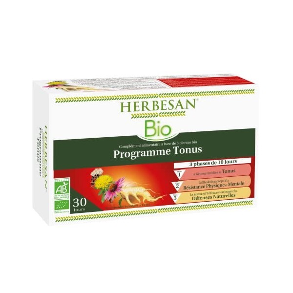 HERBESAN®-PROGRAMME TONUS - Immunité & Énergie en 3 phases- 6 plantes dont le Ginseng- Fabrication française-30 ampoules