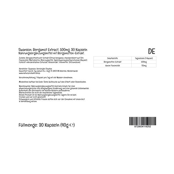 Swanson, Bergamot Extract Extrait de Bergamote , 500mg, 30 Capsules végétaliennes, Testé en Laboratoire, Végétarien, Sans So