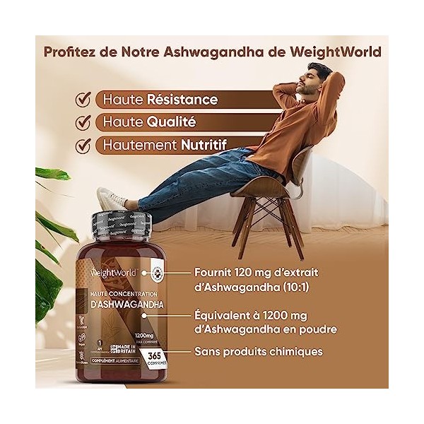 Extra Forte 1200mg, 365 Comprimés Vegan 1 An - 10:1 Extrait d’Ashwagandha en Poudre Ginseng Indien - Withania Somnifera S