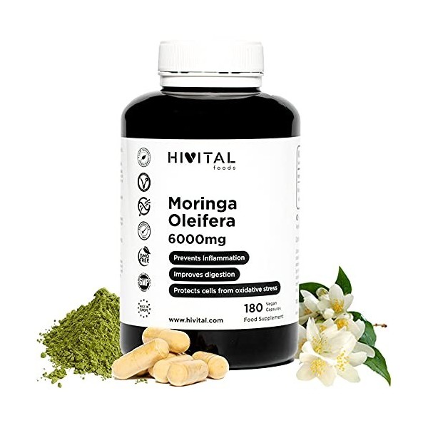 Moringa Oleifera 6000 mg. 180 gélules végétaliennes pour 6 mois. Multivitamine Naturelle qui aide à combattre les processus a