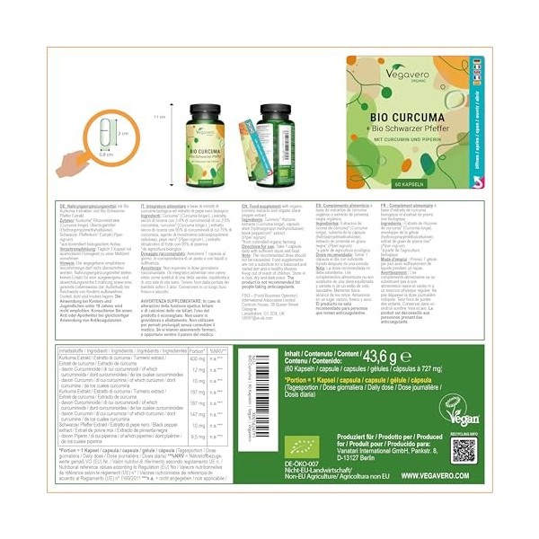 Curcuma BIO Vegavero® | 14 620 mg | Avec Poivre Noir Haute Absorption Curcumine | Anti Inflammatoire | SANS ADDITIFS et VEG