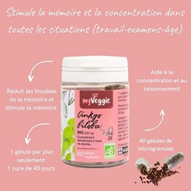 myVeggie - Ginkgo Biloba Bio - Concentration, Circulation, Vertige, Stimulant Cognitif, Mémoire, Acouphènes - Extraits De Pla