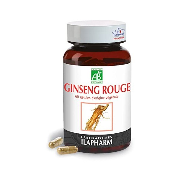 Laboratoires Ilapharm - GINSENG ROUGE BIO - Faites le plein dénergie - Tonus & vitalité -Flacon de 60 gélules