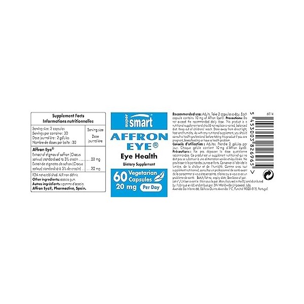 Supersmart - Affron Eye ® 20 mg Par Jour - Extrait de Stigmates de Safran Crocus Sativus Standardisé à 3% de Crocin - Contr