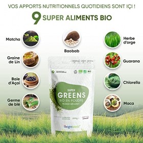 Super Greens en Poudre Bio 200g - 9 Super Aliments - Maca, Guarana, Matcha Bio, Chlorella Chlorophylle , Baobab, Herbe de Bl