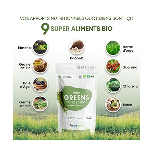 Super Greens en Poudre Bio 200g - 9 Super Aliments - Maca, Guarana, Matcha Bio, Chlorella Chlorophylle , Baobab, Herbe de Bl